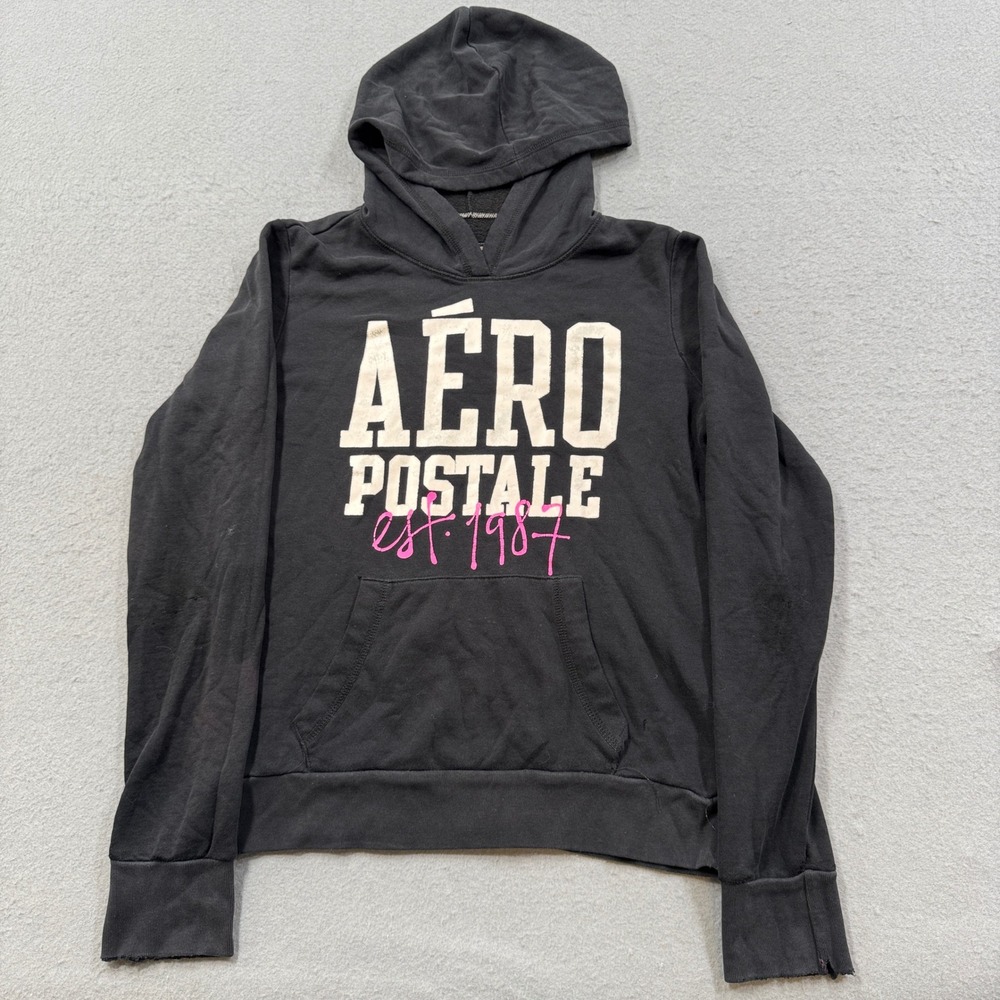 Y2K Aeropostale Hoodie Women's Medium Black Loose Fit Pullover Skater Streetwear